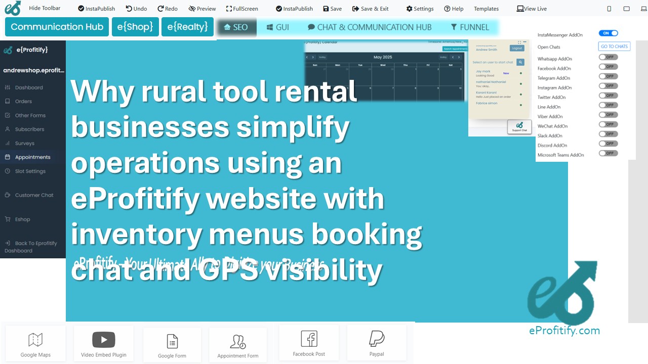 Why rural tool rental businesses simplify operations using an eProfitify website with inventory menus booking chat and GPS visibility